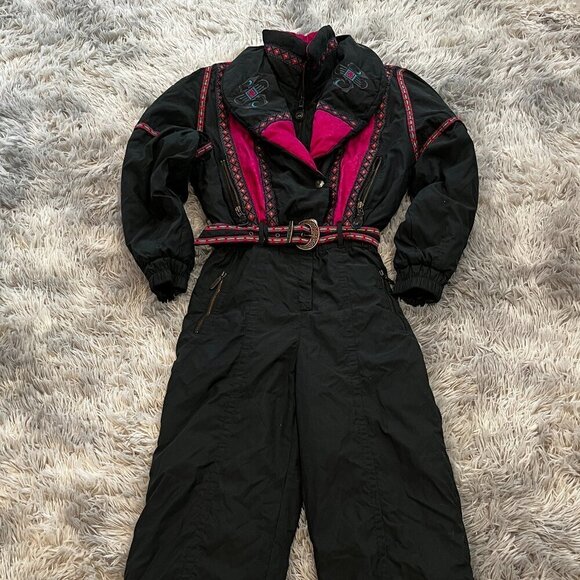 Vtg 1980s HEAD Skiwear Ski Snow Suit One Piece Southwestern Aztec Belted Sz 8
